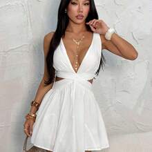 PETITE White Chiffon V-Neck Backless Tie Strap Mini Dress, White Dress, Graduation Dress, Vacation Dress, Spring/Summer ,Summer Dress - Blanco - Ver 6
