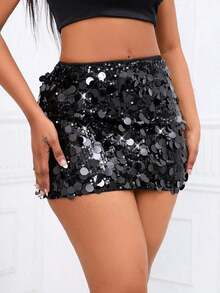 Minifalda ajustada con lentejuelas para ropa de fiesta de vacaciones - Negro - Ver 7
