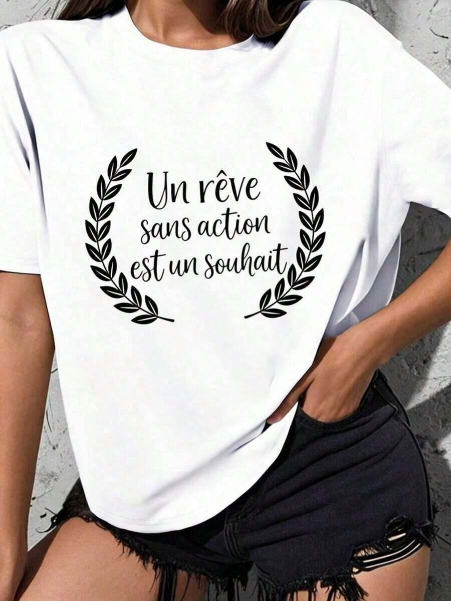 New, Modern, And Fashionable Item, Suitable For Everyday Casual Wear, Adorned With A Laurel Wreath And A French Quote Print. | Loose Fit, Crew Neck, Short Sleeves, Stretch Fabric, Geometric Pattern, Classic Cut, Suitable For All Seasons, Casual And Elegant Top, Ideal For Holiday Gifts And Everyday Wear. Unisex Vintage Street Style T-Shirt, Loose Fit, Pure Cotton, Short Sleeves, And Crew Neck. - 白色 - 查看 1