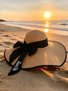 Customized Large Brim Straw Hat, Can Add Text, Name, Or Phrase Heat-Pressed On Detachable Bow, 2-Way Wear, Fashion Accessory Suitable For Street, Beach, Camping, Travel, Sightseeing, Personalized Summer Sun Hat, Great Gift For Mom Or Girlfriend - Multicolor - View 6