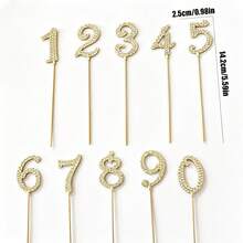 1pc/10pcs 0-9 Gold Diamond Cake Topper Decorations, Suitable For Birthday Wedding Party Cake Decor - Gold - View 8