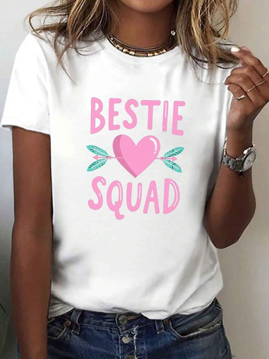 PremiumCamiseta casual de manga corta y cuello redondo para mujer, con diseño de flecha en forma de corazón, perfecta para primavera y verano, linda.Nueva llegada - Blanco - Ver 1