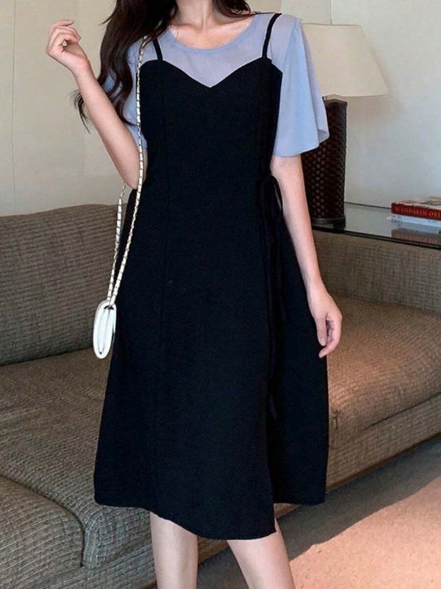 Women's Midi And Maxi Dress. New Summer Dress Style Two-Piece Faux Dress With Straps And Slit, Fitted At The Waist, Slimming, A Must-Have For The Goddess, Stylish And Age-Reducing, Ins - 黑色 - 查看 1