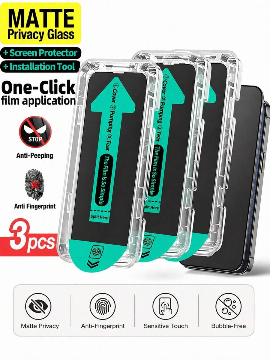 ZYSHI 3入磨砂防窺鋼化玻璃螢幕保護貼，附安裝套件與自動對位工具，相容 iPhone 17 Pro Max/17 Pro/17 Air/17/16 Pro Max/16 Pro/16 Plus/16E/16/15 Pro Max/14 Pro Max/13 Mini/12/11 系列，全螢幕覆蓋、防指紋、防摔、防刮
