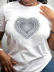 Women's Short-Sleeved T-Shirt With A Classic Sparkly Heart Print, Summer Wear, Regular Length, Suitable For Lounging At Home, Sports, Casual Wear, And Everyday Gatherings. Bestseller. - 白色 - 查看 3