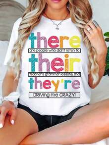 Camiseta de Mujer con Estampado de Texto, Moda de Verano para Mujer, Casual, Cómoda, Suave, Deportiva y para Fitness, Transpirable, de Cuello Redondo y Manga Corta para Uso Diario al Aire Libre. - Blanco - Ver 3