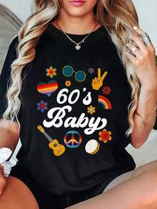 100% Algodón, Camiseta Vintage de los 60s para Fiesta de Disfraces, Temática Hippie de los 60, blusas para mujer, Camisetas Gráficas de Verano para Mujer, Camiseta Casual Estampada para Mujer, Manga Corta y Cuello Redondo, Moda Urbana Local de Primavera/Verano. - Negro - Ver 6