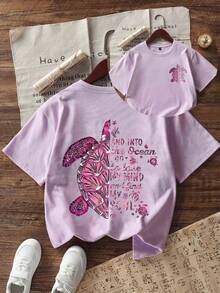 Tween Girl 3-Piece Set - Printed T-Shirt, Soft And Comfortable Fabric, Suitable For Outdoor Sports, Daily Wear, Street Style, Campus Style, Fashionable For Girls, Casual All-Match Top For Spring And Summer - Mauve Purple - View 2