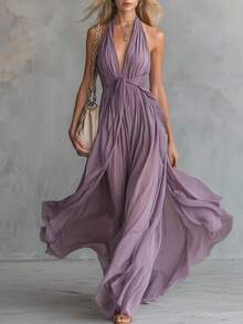 Nuevo 2026 Vestido Ajustado Mujer Color Sólido Cuello en V Sin Mangas Estilo Europeo Americano - Morado - Ver 1