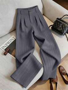 Pantalones anchos de mujer con pliegues y botones a rayas, versátiles para uso diario - Gris - Ver 5