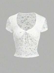 Blusa de punto de manga corta con encaje en la cintura, ajustada y sexy, de estilo casual para primavera y verano, color negro - Blanco - Ver 3