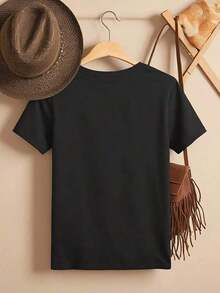 1 pieza de camiseta de manga corta con estampado de luna, 100% algodón, color gris, cuello redondo, un esencial de moda casual, adecuada para primavera, verano y otoño, ligeramente holgada, cómoda al contacto con la piel, camiseta casual y elegante para mujer de talla grande, camiseta de algodón transpirable, combina con todo, 100% algodón. - Negro - Ver 4