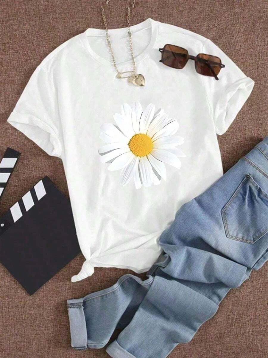 Camiseta suelta informal de mujer con estampado de crisantemos, adecuada para el uso diario deportivo en casa - Blanco - Ver 1