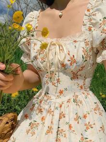 MOD Vestido largo de encaje blanco con volantes estilo victoriano vintage, vestido de fiesta, vestido de graduación, con exquisita mano de obra - Amarillo - Ver 1