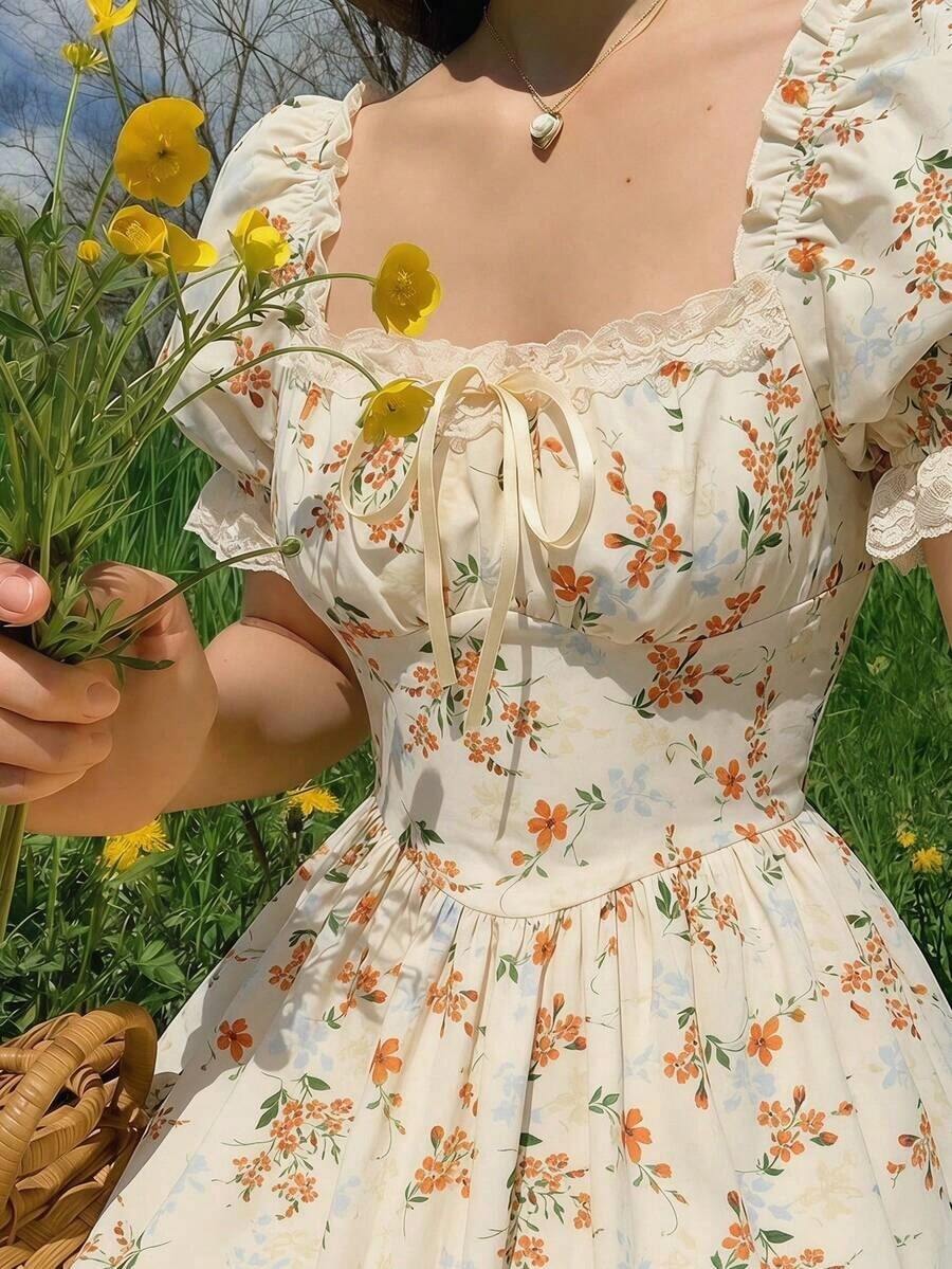 MOD Vestido largo de encaje blanco con volantes estilo victoriano vintage, vestido de fiesta, vestido de graduación, con exquisita mano de obra - Amarillo - Ver 1