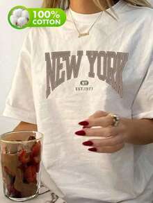 Camiseta gráfica vintage de Nueva York para mujeres |       Ligero y transpirable, color ágata llamativo "New York Et. "50.22eter" Letra, Lavable a Máquina, Suéter Casual de Cuello Redondo, Camiseta de Moda de Fin de Semana, Adecuada para Todas las Estaciones,Suitable for wearing on Labor Day and Mother's Day 100% Cotton Blusas Bonito - Blanco - Ver 1