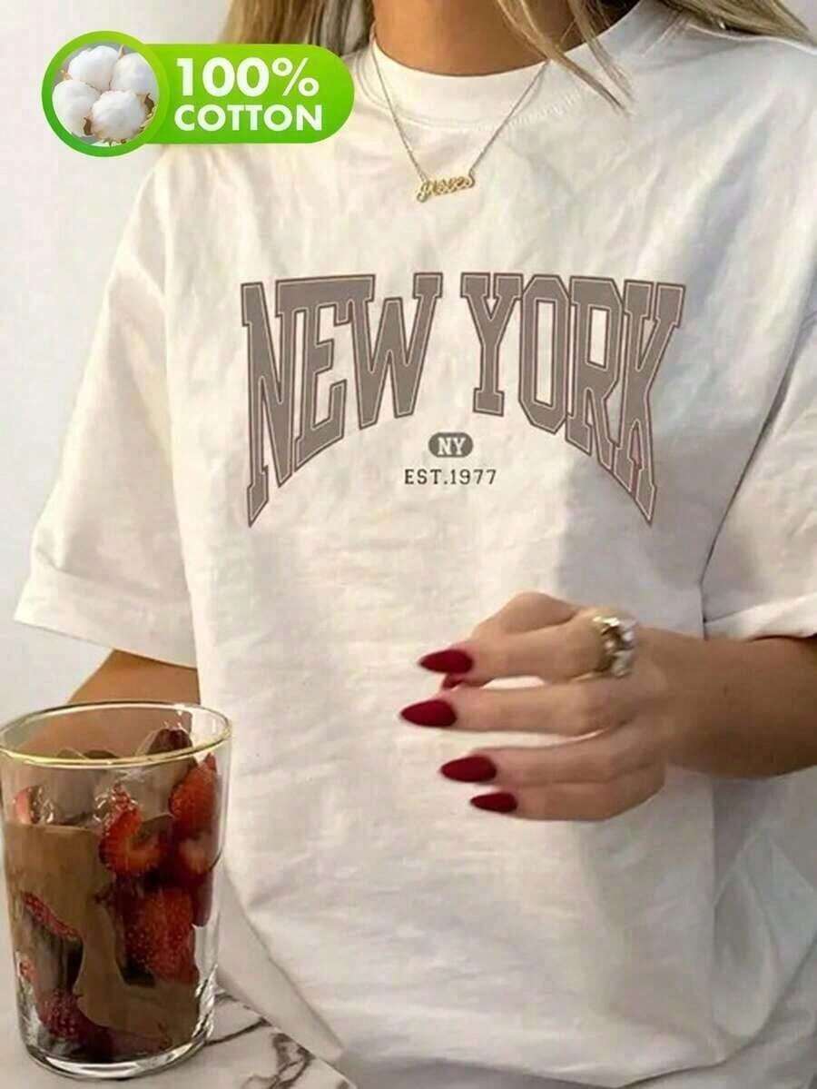 Camiseta gráfica vintage de Nueva York para mujeres | Ligero y transpirable, color ágata llamativo "New York Et. "50.22eter" Letra, Lavable a Máquina, Suéter Casual de Cuello Redondo, Camiseta de Moda de Fin de Semana, Adecuada para Todas las Estaciones,Suitable for wearing on Labor Day and Mother's Day 100% Cotton Blusas Bonito - Blanco - Ver 1