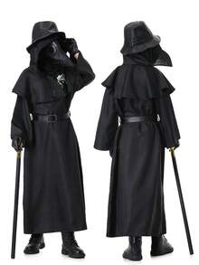 Kids Plague Doctor Halloween Party Cosplay Outfit Set With Mask,Hat,Robe,Cane - Black - View 2