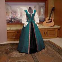 Medieval Renaissance Style, Two-Piece Dress With Square Neckline And Waistband, Vintage Women's Ball Gown - Blue - View 9
