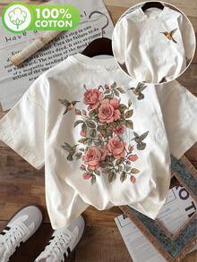 [Impresión a Doble Cara] Camiseta de Manga Corta con Cuello Redondo de Algodón Puro con Estampado Vintage de Rosas y Colibríes - Blanco - Ver 2