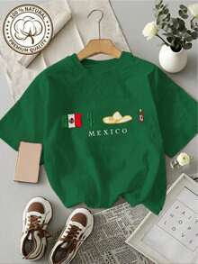 Women's Short Sleeve Blouses, Soft Cotton T-Shirt With Mexican Flag, Cactus And Hat Design, Gift For Travel Lovers, Valentine's Day Outfit, Fashionable Women's Dresses For Summer, Casual, Perfect For All Seasons, S M L XL, Gym, Y2K, Round Neck, Cotton, Soft Fabric, Short Sleeve, 100% Cotton. - 綠色的 - 查看 5