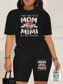 Women's Fashion Casual Two-Piece Set With I Have Two Titles Mom And Mimi And I Rock Them Both Floral Text Print, New Casual Round Neck Short Sleeve T-Shirt And Shorts Fashion Set, , Soft Breathable Fabric, Summer Pullover Top - 黑色 - 查看 1