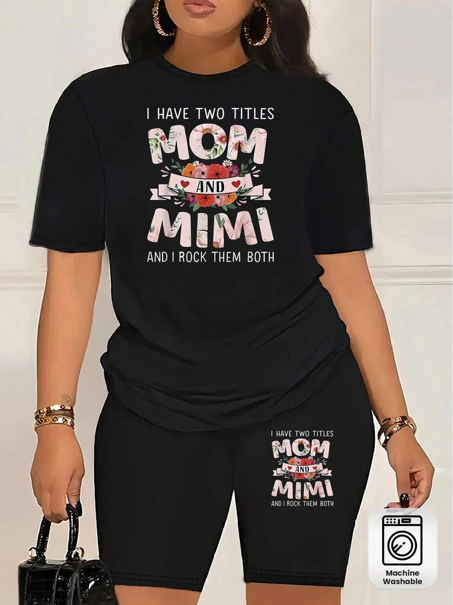 Women's Fashion Casual Two-Piece Set With I Have Two Titles Mom And Mimi And I Rock Them Both Floral Text Print, New Casual Round Neck Short Sleeve T-Shirt And Shorts Fashion Set, , Soft Breathable Fabric, Summer Pullover Top - 黑色 - 查看 1