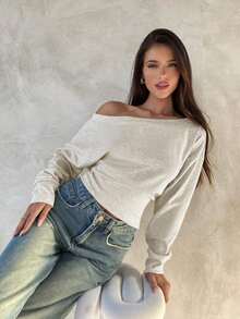 Top de manga larga asimétrico de hombro de punto de color albaricoque para mujer, otoño/invierno - Albaricoque - Ver 7