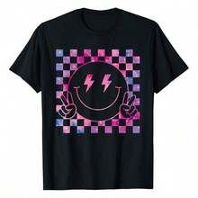 Camiseta Casual de Corte Holgado para Mujer, con Estampado de Cara Sonriente y Cuadros Galácticos Rosados, Transpirable y Cómoda, Manga Corta, Cuello Redondo, Diseño de Ojos de Rayo y Símbolo de la Paz, Algodón Suave, Perfecta para Uso Diario y Estilo Urbano Y2K - Negro - Ver 6