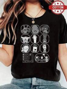 Women's Blouses, Pretty Blouses For Women, Women's Clothing, Women's Outfits, Image 31 Minutos Black And White T-Shirt, Cartoon Character Print Pattern, High-Quality Cotton Print, Round Neck, Basic Loose Fit, Men's And Women's, Breathable, Versatile, Machine Washable, Comfortable, Everyday Casual Sporty Summer Essential - 黑色 - 查看 10
