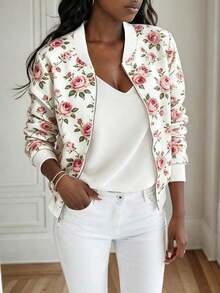 Chaqueta con cremallera con estampado floral casual para mujer - Multicolor - Ver 3