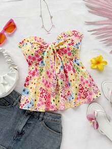 Parte superior corta de tubo con estampado floral romántico y volantes, lazo delantero, detalle de lazo, dobladillo con volante en A, para vacaciones, Día de San Valentín, boda, ropa de mujer para vacaciones de San Valentín, cumpleaños de mujer, verano para mujer - Multicolor - Ver 1