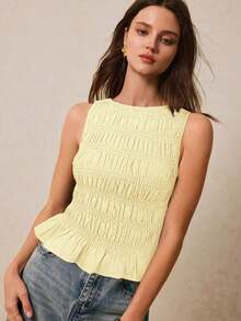 Camiseta de mujer informal de cuello redondo con pliegues de color liso y versátil - Amarillo - Ver 6