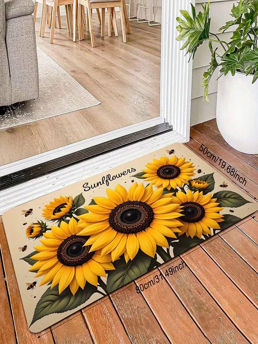 1pc Sunflower Theme Crystal Velvet Doormat, Featuring Sunflowers, Bees And Green Leaves Design, Suitable For Indoor And Outdoor Entrance Decor - A - View 1