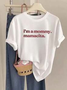 Limited Edition: Women's Casual White Crew Neck Short Sleeve T-Shirt With I'A Mamacita Print, Regular Fit, Drop Shoulders, Lightweight Cotton - 白色的 - 查看 2