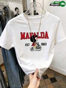 [Entrega Local]Playera Para Mujer Camiseta Para Mujer De PoliéSter En Color Blanco Con Estampado De Mafalda En Bicicleta Y Texto "MAFALDA EST 1963" – Casual De Uso Diario EnvíO Nacional Gratuito Dentro De MéXico - Blanco - Ver 1