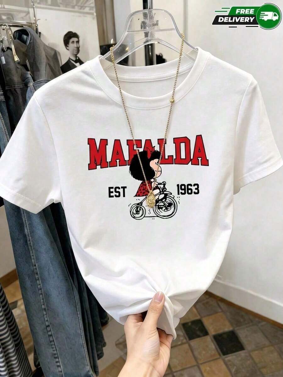 [Entrega Local]Playera Para Mujer Camiseta Para Mujer De PoliéSter En Color Blanco Con Estampado De Mafalda En Bicicleta Y Texto "MAFALDA EST 1963" – Casual De Uso Diario EnvíO Nacional Gratuito Dentro De MéXico - Blanco - Ver 1