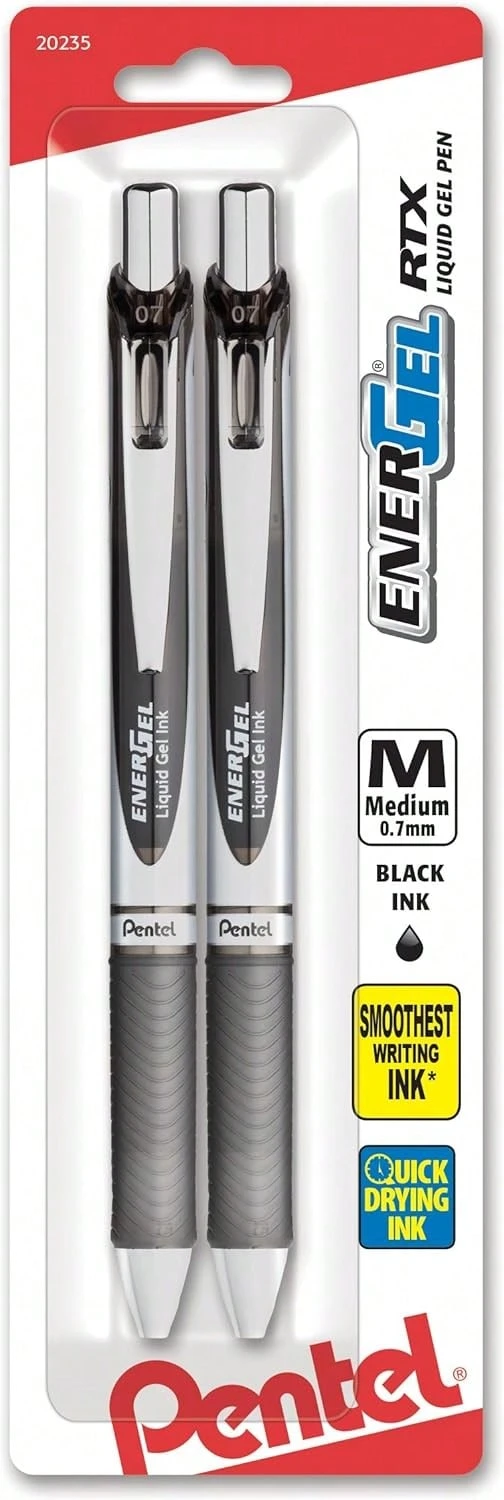 Pentel EnerGel RTX Retractable Liquid Gel Pen, (0.7mm), Medium Line, Metal Tip, Black Ink, Pack Of 2 (BL77BP2A) - ColorA - View 1