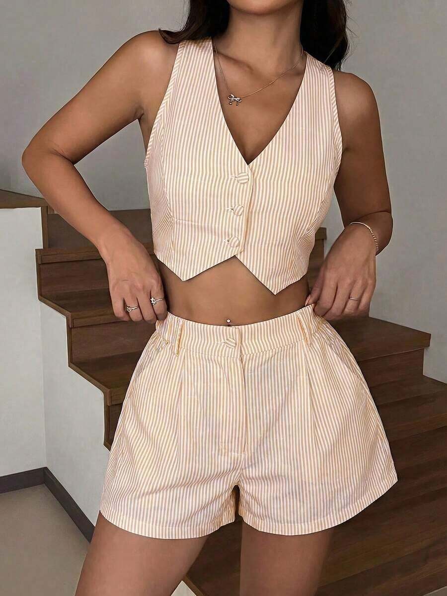 Conjunto de chaleco sin mangas y pantalones cortos a rayas azul y blanco, apto para primavera/verano y otoño/invierno - Amarillo - Ver 1