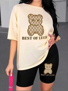 Conjunto de camiseta y pantalones cortos de ciclista con estampado gráfico de número 13 y eslogan, de moda casual para mujer - Multicolor 3 - Ver 1