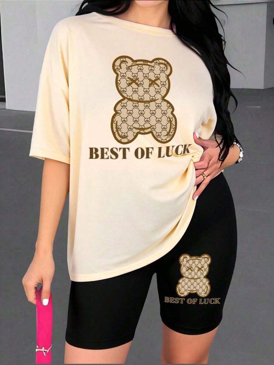 Conjunto de camiseta y pantalones cortos de ciclista con estampado gráfico de número 13 y eslogan, de moda casual para mujer - Multicolor 3 - Ver 1