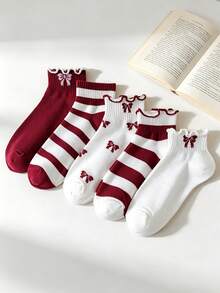 5 Pairs Women's Cute Bow Decorated Short Socks, Thin Breathable Comfortable Soft Ladies Socks For Spring/Summer, Ruffled Stripe & Solid Color, Casual Sweet Socks, High-Fashioned Socks Suitable For Daily Wear - Multicolor - View 1