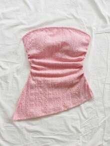 Blusa ajustada con diseño arrugado, abertura lateral y bajo asimétrico en textura azul para vacaciones de mujer - Rosa Pálido - Ver 5