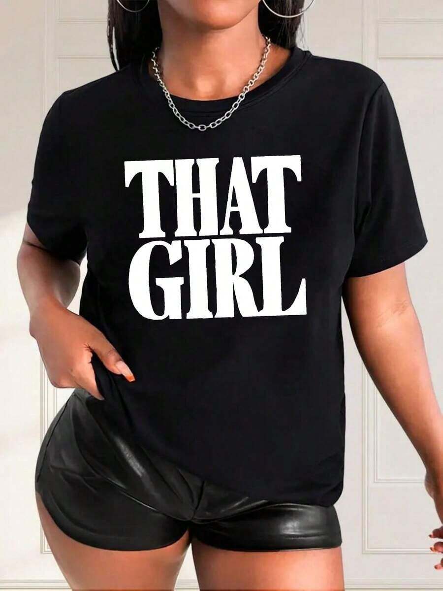 THAT Print Cotton T-Shirt For Women - Casual Short Sleeve T-Shirt With Round Neck And Bold Geometric Lettering, Breathable And Soft, White, For Spring/Summer Casual Outfit, Summer T-Shirt, Semi-Transparent Material. - 黑色 - 查看 1