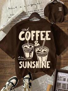 COFFEE CLUB Graphic T-Shirt, Casual Short-Sleeved Round Neck T-Shirt For Women, Suitable For Summer, Vacation, Beach. - 咖啡棕 - 查看 6