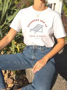 Camiseta de diseño sencillo y versátil con estética de la Riviera Francesa, camiseta de temática francesa con estampado de letras, top casual de manga corta y cuello redondo para verano y primavera, camiseta de algodón para mujer. - Blanco - Ver 1