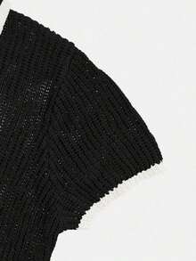 Blusa de punto de cuello polo de manga corta para mujer, con detalles de botones y recortes, con ribetes contrastantes - Uso casual y cómodo para el verano, versátil para el estilo diario de calle - Negro - Ver 9