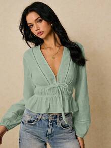 Camisa casual de mujer de unicolor con cuello en V y detalle de nudo en la parte delantera, de manga larga - verde menta - Ver 7