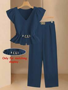 Conjunto informal de mujer con blusa de cuello en V plisada y pantalones de pierna ancha de unicolor - azul real - Ver 9