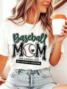 1 Piece Women's Green Baseball Graphic T-Shirt With Cute "Baseball Mama" Print, Round Neck, Short Sleeve, Comfortable Summer T-Shirt, Perfect For Mother's Day Gifts, Daily Wear And Sporting Events, Basic Top For Ladies, 180g 100% Cotton. - 白色 - 查看 4